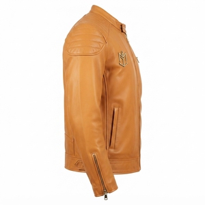 Chaqueta de Motociclista de Cuero Genuino Marrón para Hombre, Cuello Alto, Cierre de Cremallera, Corte Ajustado, Otoño, Manga Larga, Color Sólido - Product Image 3