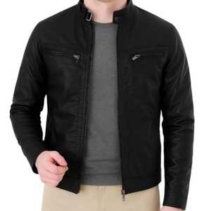<b>Men's</b> PU Leather Casual Eco-friendly <b>Turtleneck</b> Zipper Closure Windproof Slim Fit Winter Solid Color Regular Sleeve Motorcycle - Product Image 1