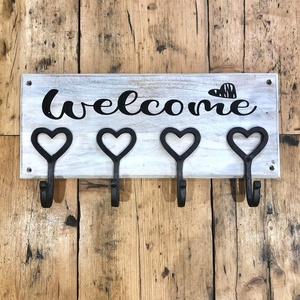 Nuevo perchero individual de hierro blanco con slogan 'Home Sweet Home' y 5 ganchos en forma de corazón, para montaje en pared, almacenamiento en entrada. - Product Image 4