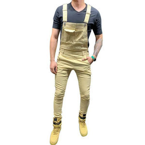 Salopette en jean 100 % coton pour homme, coupe ajustée, poches avant, bretelles réglables, respirante, boutonnée, pour le travail, été et printemps - Product Image 1