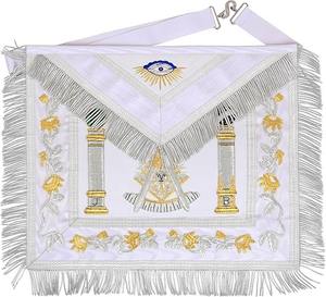 Masonic Past Master Emblem & Pillars Sheepskin Apron - Hand-Embroidered, All-White & Gold Design - Product Image 1