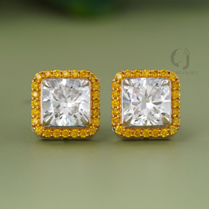 Fancy Color Lab Grown Diamond Stud Earrings 14K Two Tone Yellow Diamond Halo <b>Cushion</b> Cut Square <b>Statement</b> Screw Back - Product Image 6
