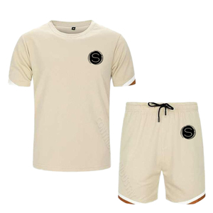 Conjunto de Camiseta y Pantalones Cortos de Algodón Tejido Casual para Hombre, Transpirable, Estilo Urbano de Verano, Cuello Redondo, Color Sólido, Logotipo Estampado, Fusión sin Costuras - Product Image 1