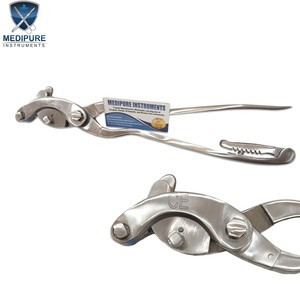 Écarteur de testicules incurvé robuste avec cliquet en acier inoxydable, forceps de castration vétérinaire, instruments vétérinaires durables - Product Image 1