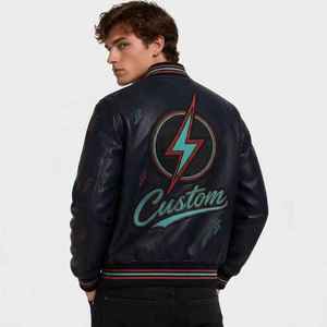 Applique Patch & Graphic OEM Custom Men Vegetable Tanned Sheepskin Varsity <b>Jacket</b> Black Soft Touch Rib Cuffs Outerwear Wholesale - Product Image 4