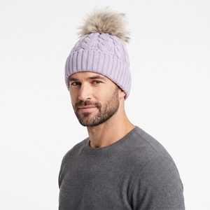 Bonnet tricoté épais personnalisé unisexe, cagoule d'hiver côtelée violet clair, doux et chaud, avec pompon, pour l'extérieur - Product Image 3