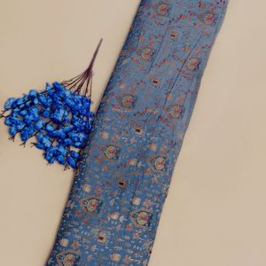 Tissu Jacquard Naturel Premium Dola Motifs Floraux Éléphant Royal Paon Bleu Denim Poussiéreux Respirant Robe de Mariée Fille - Product Image 1