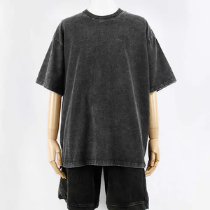 T-shirt Homme Oversize Lavé en Gros 100% Coton Tricoté Lourd 280g Uni Vintage Délavé Col Rond Logo Personnalisé Avant - Product Image 2