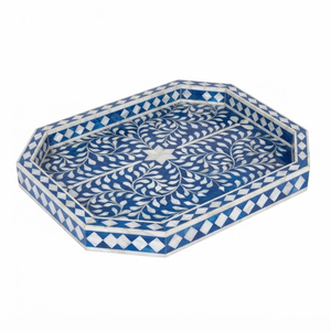 Bandeja de servir con incrustaciones de hueso azul marino, hecha a mano, floral, rectangular, decorativa, para mesa de café, sala de estar, decoración del hogar, en oferta. - Product Image 5