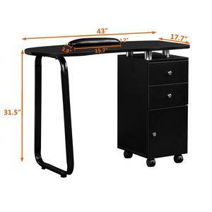Table de manucure portable moderne en bois avec plateau carré, 2 tiroirs, 1 porte, repose-main et roulettes - Product Image 6