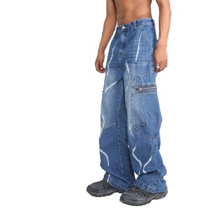 Jean cargo délavé et vieilli pour homme, coupe ample, taille haute, jambe large, en denim avec poches zippées - Product Image 4