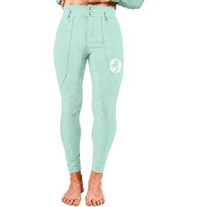 Leggings de equitación para mujer verde menta, de cintura alta, elásticos, con agarre de silicona en todo el asiento, pantalones de equitación para entrenamiento. - Product Image 1