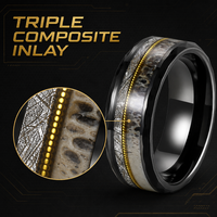Bague de mariage classique pour homme en tungstène noir facetté, triple incrustation météorite et fil d'or, largeur 8mm, vente en gros