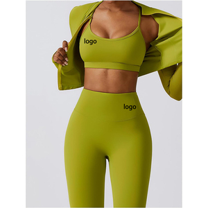Women's Custom Logo Solid High Quality Breathable Sportswear 3 Piece Yoga Set Jacket Adjustable Backless Bra Short Tops Pockets - Product Image 2