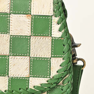 Green Checkered Crochet Design Hair On Leather Shoulder Bag Women Bohemian Crossbody Sling <b>Purse</b> - Product Image 5