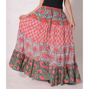 Falda Maxi Boho Floral con Estampado de Bloques de Algodón, Plisada, Hecha a Mano, Estilo Étnico Indio, para Verano - Product Image 1