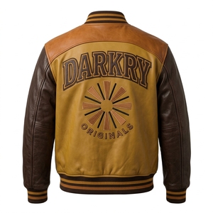 Chaqueta Varsity Vintage de Cuero Genuino Bicolor Amarillo y Marrón, con Parche Bordado Personalizado con Diseño de Rayos de Sol, Chaqueta Bomber con Botones a Presión para Hombre - Product Image 2