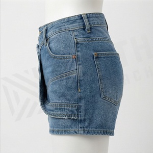 Classic Womens Denim Shorts High Waist Customized Color <b>Jeans</b> Straight <b>Button</b> Distressed Ripped Casual Summer Style Look - Product Image 3