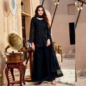 Black Color Embroidered <b>Kurti</b> With Palazzo And Duppata For Women Traditional Indian Pakistani Party Wear - Product Image 1