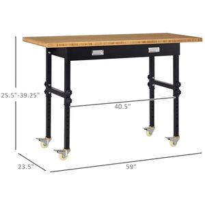 Banco da Lavoro per Garage in Acciaio Regolabile in Altezza 59 Pollici con Cassetto e Ruote, Piano in Bambù, Postazione di Lavoro, Tavolo Portautensili - Product Image 4