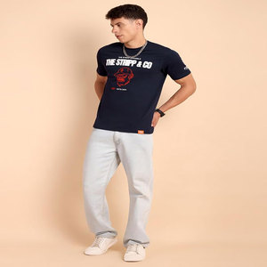 T-shirt à manches courtes bleu marine pour homme avec logo singe au dos, style streetwear, coupe classique, 100 % coton tricoté, imprimé sur le devant - Product Image 2