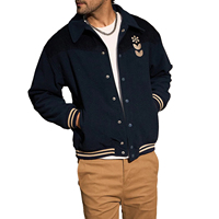 Jaket Varsity Pria Grosir Logo Kustom Kerah Tegak Posisi Depan Kulit Asli Bernapas Ramah Lingkungan OEM