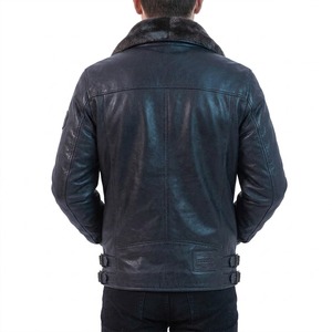 Chaqueta de Cuero Genuino para Hombre, Cuello Alto, Cierre de Cremallera, Forro de Piel Sintética, Estilo Motero para Invierno - Product Image 2
