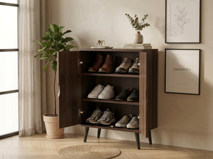 Meuble à chaussures moderne en bois à 2 portes, organisateur de rangement, étagère à chaussures en noyer Columbia pour l'entrée, mobilier de maison - Product Image 2