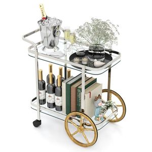 Carrello Bar a 2 Ripiani in Vetro Temperato con Ruote in Alluminio e Rotelle Girevoli - Product Image 4