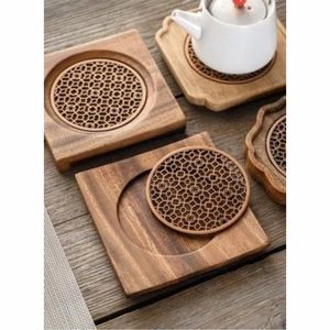 Handmade Wooden Coasters Set Laser Engraved Ginkgo Fern Leaf Round Wood <b>Cup</b> <b>Mat</b> Heat Resistant Table Decor Wholesale Custom - Product Image 3