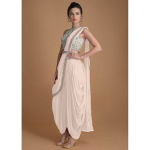 FANTAISIE GEORGETTE BRODERIE TRAVAIL SAREE AVEC BLOUSE NON COUCHÉE BLANC - Product Image 1
