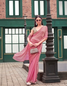 Sari traditionnel en soie rose et or bicolore KV prêt-à-porter avec chemisier non cousu pour les fêtes - Product Image 4