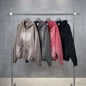 Sudadera con capucha vintage para hombre, con cremallera, efecto desgastado, forro polar de algodón grueso, con bolsillo, estilo urbano, holgada. - Product Image 3