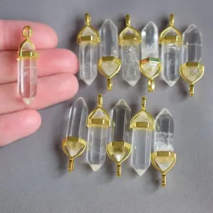 Natürlicher klarer Quarz Goldener Kristall Doppelpunkt Anhänger Großhandel Kristall Handwerk Sechseckige Magie Schmuck Halskette Anhänger