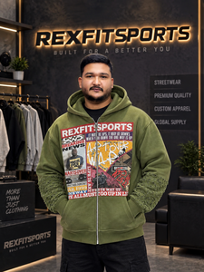 REXFITSPORTS 2026 – Sweat à capuche zippé vert olive pour homme, streetwear personnalisé en molleton avec manches texturées - Product Image 6