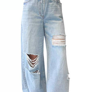 Pantalon en jean taille haute à jambe large, déchiré et délavé, coupe ample, longueur intégrale, en coton, avec cordon de serrage, style décontracté - Product Image 6