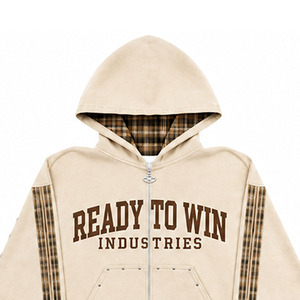 ชุดวอร์มมีฮู้ดลายสก็อตสีเบจพร้อมแถบข้าง แบรนด์ Ready To Win Industries เสื้อซิปเต็มตัว กางเกงลำลอง ใส่ได้ทั้งชายและหญิง สำหรับฤดูใบไม้ร่วง - Product Image 3