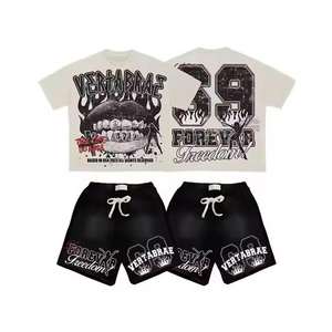 Conjunto de camiseta corta con hombros caídos y corte holgado, gráfico personalizado para hombre, 100% algodón, camiseta oversize de corte holgado y amplio. - Product Image 1