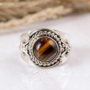 SHYAM JEWELRY Handmade 925 Sterling Silver Natural Brown <b>Tiger</b> <b>Eye</b> Oxidized Texture Triple Boho Design Unisex Wedding Party <b>Ring</b> - Product Image 1
