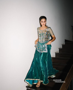 Emerald Green Embroidered Silk <b>Satin</b> Salwar Kameez Women Traditional Wedding Wear India Pakistan Crop Regular Fit SADIA AUN HUTE - Product Image 1