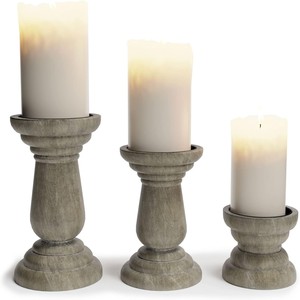 Whitewashed Oak Wood Candle Holders Set | Rustic Wooden <b>Candlestick</b> Wholesale - Product Image 3
