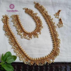 Guttapusalu Style Regular Oxidized Polish Gold Haram-24K Gold Plated Women's Wedding <b>Bridal</b> <b>Necklace</b> <b>Earring</b> <b>Set</b> Zircon - Product Image 1