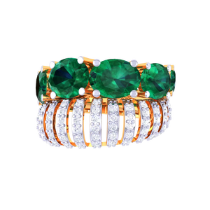 Bague élégante à large bande avec émeraudes et cinq pierres ovales en cristal vert et diamants, bijoux en or pour anniversaire et occasions spéciales - Product Image 4