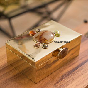 White And Gold Finished Best Quality Solid Metal Home Decor Resin Gemstones Ladies Jewelry <b>Box</b> Organizer - Product Image 3