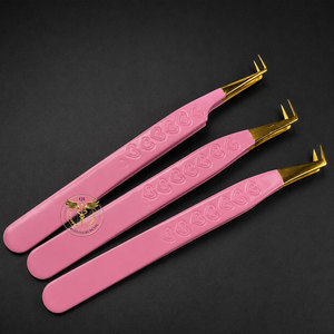 Custom Logo <b>Pink</b> Eyelash Extension Tweezers <b>Set</b> Gold Stainless Steel Lash Tweezers Professional Beauty Salon <b>Tools</b> - Product Image 2