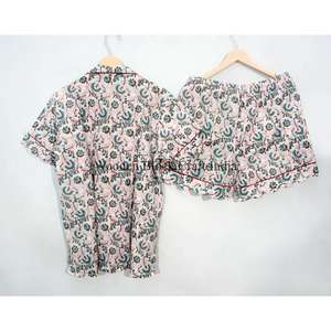 Conjunto de Pijama para Mujer, Hecho a Mano, Elegante, Transpirable, con Estampado Digital, Manga Corta, 100% Algodón Puro, Estampado Floral, Verano-Otoño, Venta al Por Mayor - Product Image 6