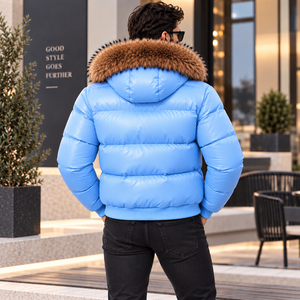 Men's Leather Puffer With Fox <b>Fur</b> <b>Hood</b> <b>Jacket</b>| Piumino Lucido Uomo | Chaqueta Brillante | Doudoune Brillante | LederJacke Herren - Product Image 2