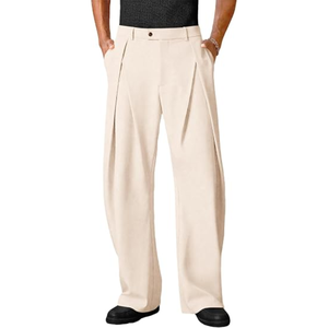 Pantalon large plissé en laine noire pour homme, coupe droite décontractée, taille élastique, style urbain - Product Image 6