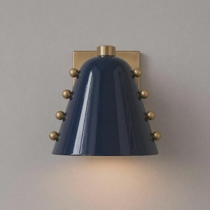 Mid Century Modern Wall Sconce Ceramic Blue Cone Shape Brass Accents Indoor Decor Bedroom Lighting Fixture - Product Image 1
