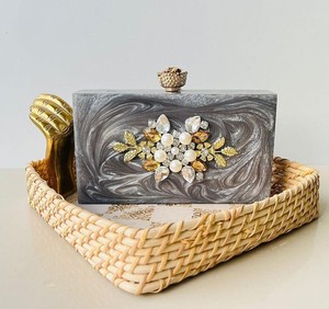 <b>Black</b> Marbled Storage Bag Resin Mother of Pearl Evening <b>Clutch</b> Bag Crystal Rhinestone Embellished Handmade Bridal Wedding <b>Purse</b> - Product Image 6